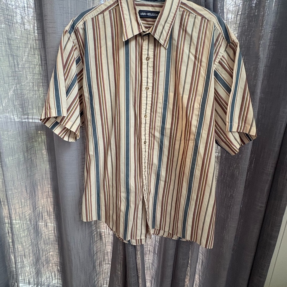 Van Heusen Men's Casual Striped XL Shirt - Beige VTG retro button down dress